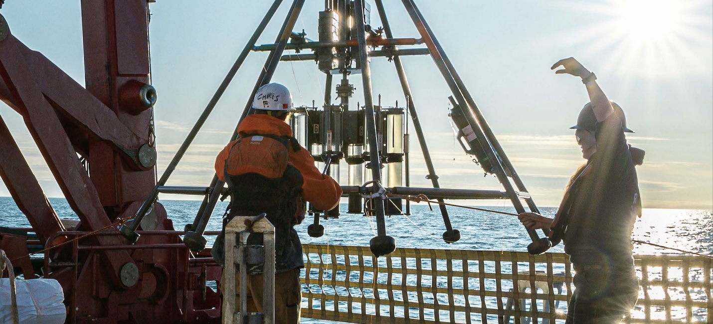 A multicorer is recovered during a co-chief scientist training
course aboard R/V Sikuliaq in 2023. Photo Credit: Lloyd Pikok Jr.